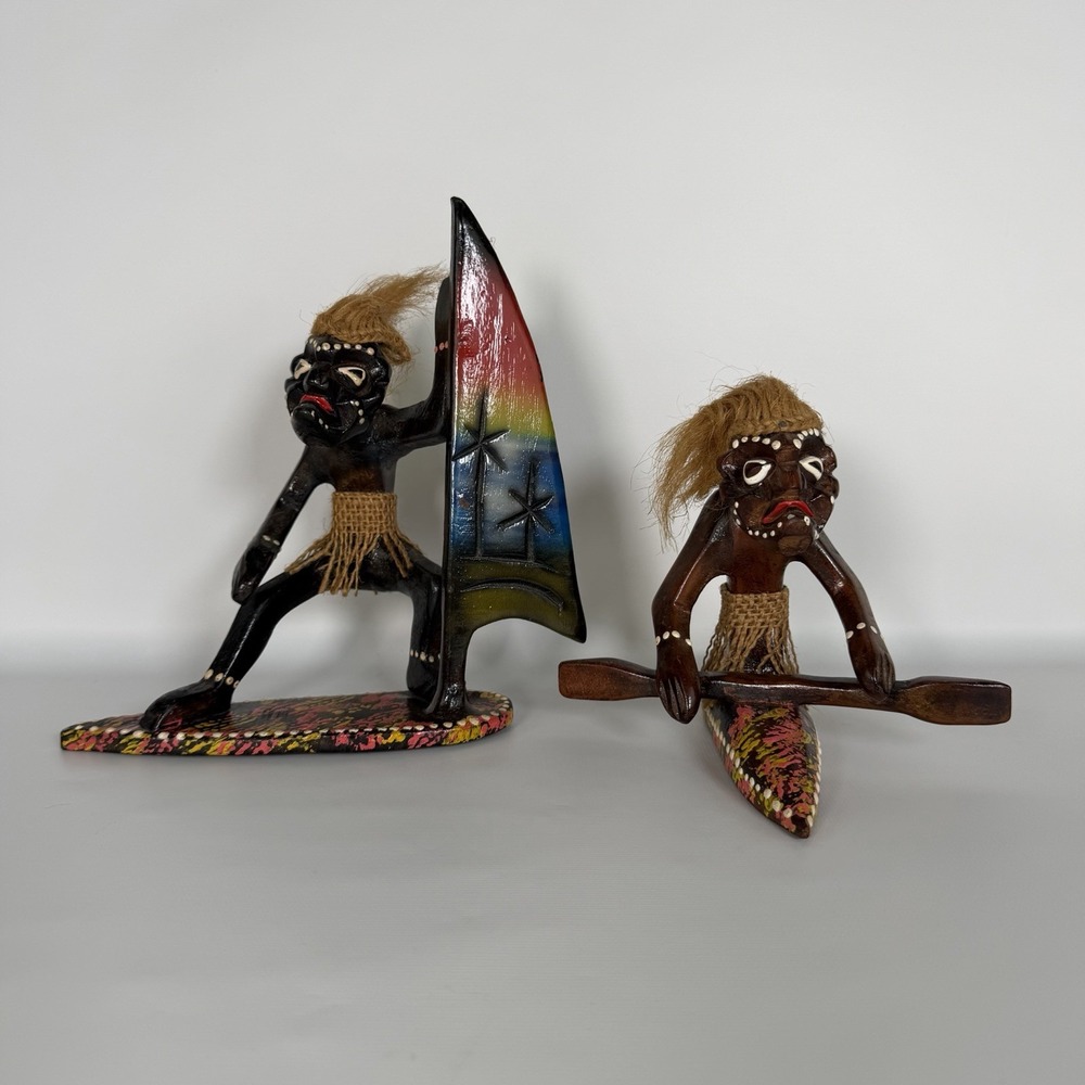 Hand Carved Wooden Primitive Wind Surfer Tribal Tiki Figurine Statue Lot Of 2